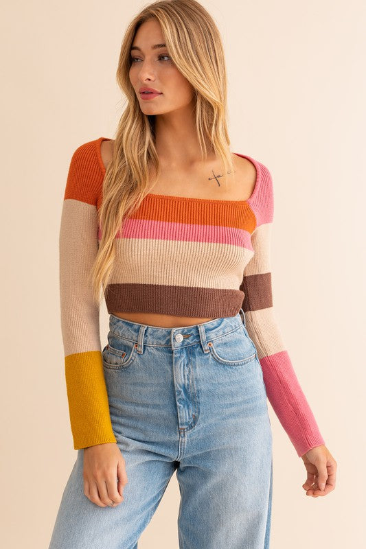 LE LIS Long Sleeve Color Block Stripe Knit Cropped Top