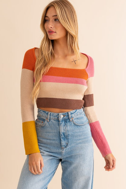 LE LIS Long Sleeve Color Block Stripe Knit Cropped Top