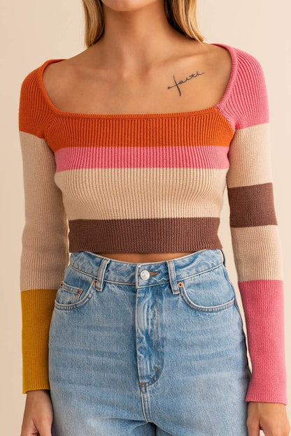 LE LIS Long Sleeve Color Block Stripe Knit Cropped Top