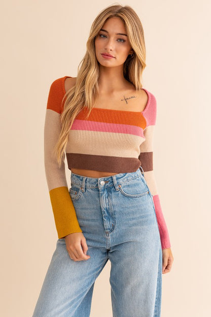 LE LIS Long Sleeve Color Block Stripe Knit Cropped Top