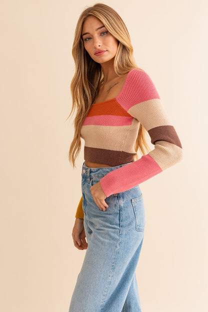 LE LIS Long Sleeve Color Block Stripe Knit Cropped Top