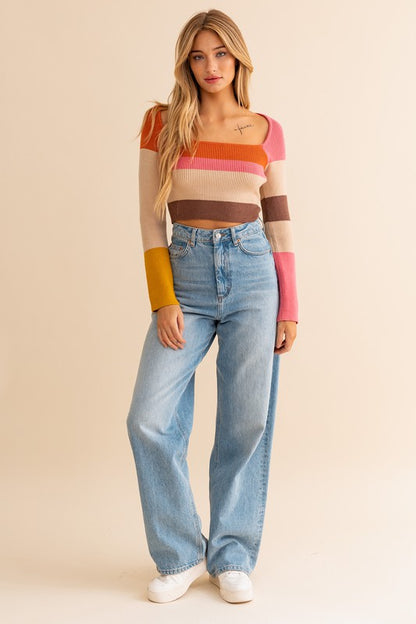 LE LIS Long Sleeve Color Block Stripe Knit Cropped Top