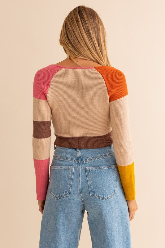 LE LIS Long Sleeve Color Block Stripe Knit Cropped Top