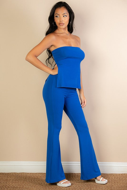 CAPELLA 2 Pieces Side Slit Bandeau Top & Flare Pants Set