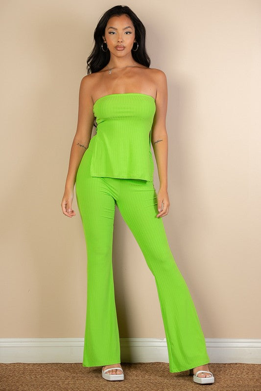 CAPELLA 2 Pieces Side Slit Bandeau Top & Flare Pants Set