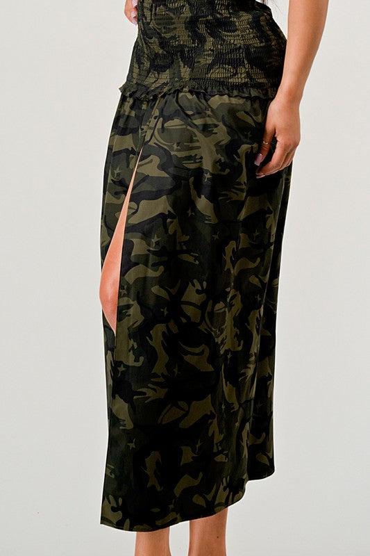 ATHINA Strapless Dark Camo Print High-Split Dress