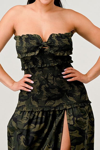 ATHINA Strapless Dark Camo Print High-Split Dress