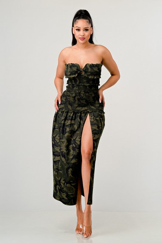 ATHINA Strapless Dark Camo Print High-Split Dress