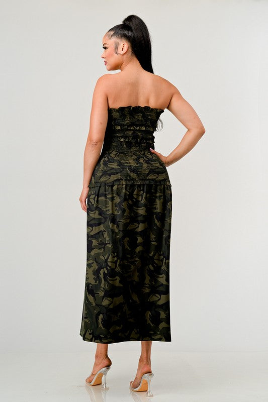 ATHINA Strapless Dark Camo Print High-Split Dress