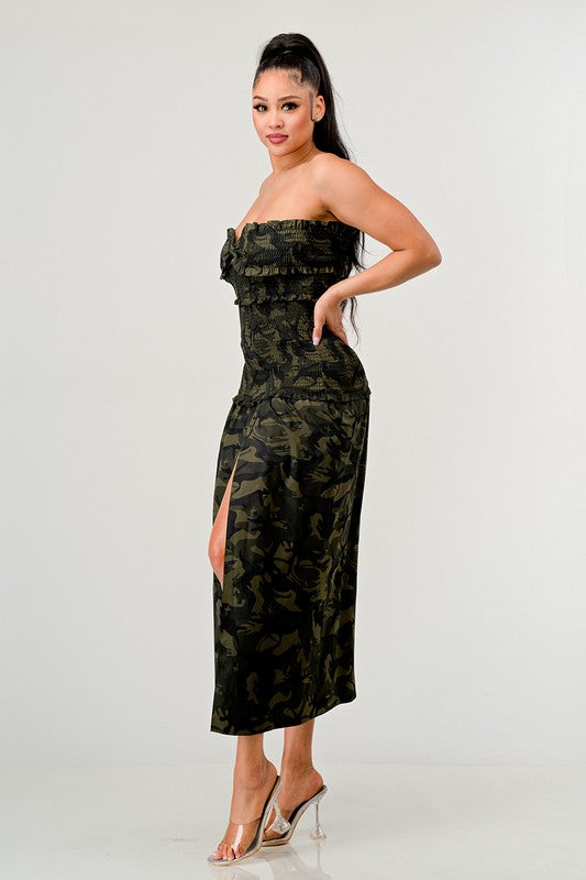 ATHINA Strapless Dark Camo Print High-Split Dress