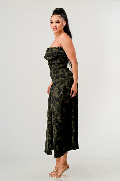 ATHINA Strapless Dark Camo Print High-Split Dress