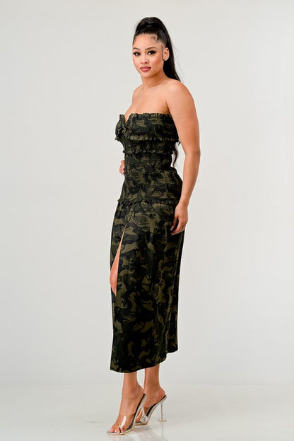 ATHINA Strapless Dark Camo Print High-Split Dress