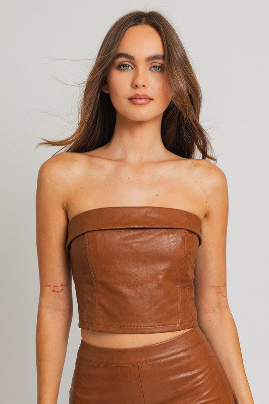 LE LIS Brown Faux Leather Corset Tube Top