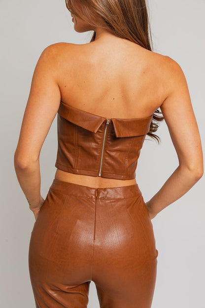 LE LIS Brown Faux Leather Corset Tube Top