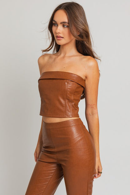 LE LIS Brown Faux Leather Corset Tube Top