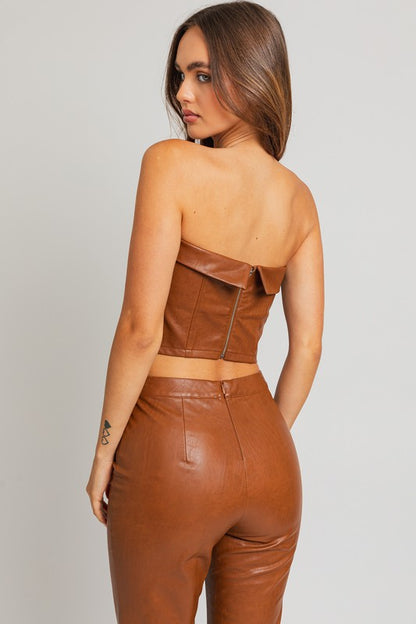 LE LIS Brown Faux Leather Corset Tube Top