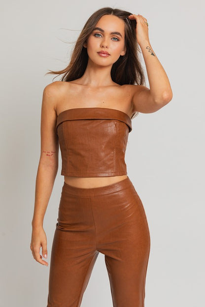 LE LIS Brown Faux Leather Corset Tube Top