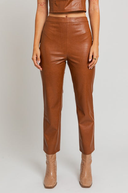 LE LIS Brown Faux Leather Straight Pants