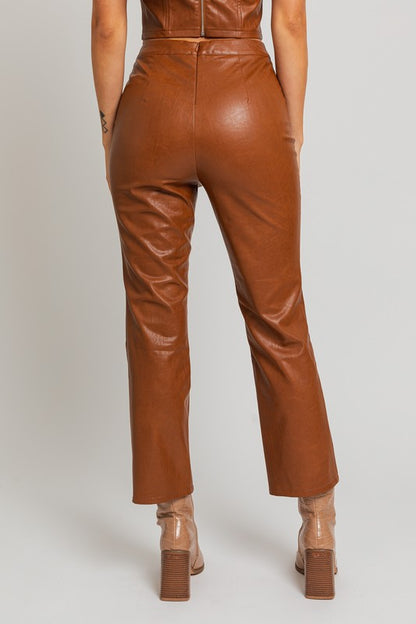 LE LIS Brown Faux Leather Straight Pants