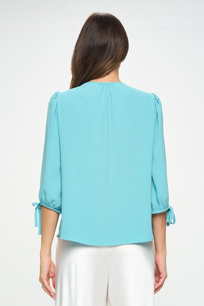 RENEE C. Sage Solid V Neck Top with Self Tie Sleeves