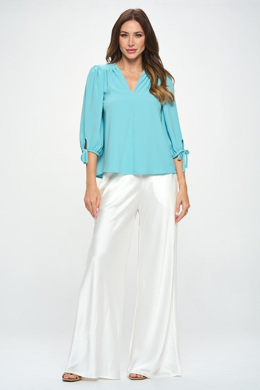 RENEE C. Sage Solid V Neck Top with Self Tie Sleeves