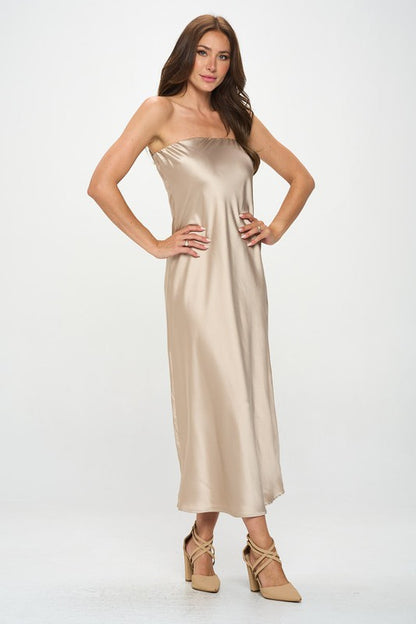 RENEE C. Beige Silky Satin Tube Draped Dress