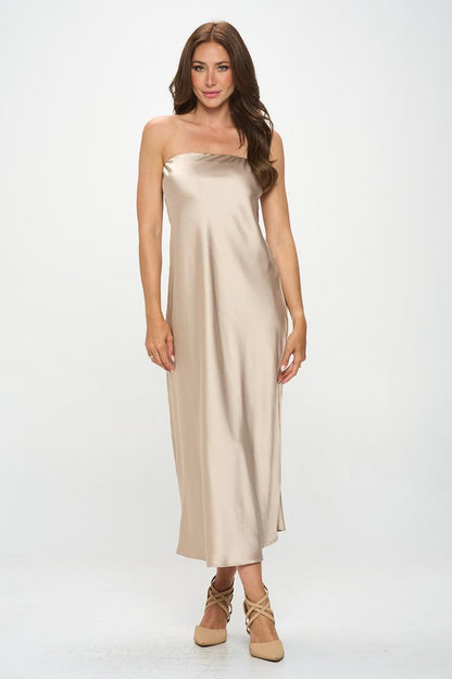 RENEE C. Beige Silky Satin Tube Draped Dress