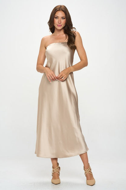 RENEE C. Beige Silky Satin Tube Draped Dress