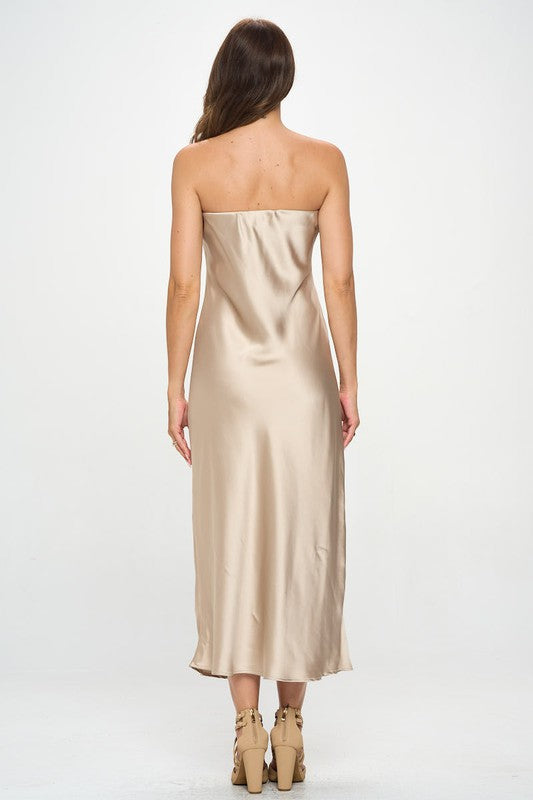 RENEE C. Beige Silky Satin Tube Draped Dress