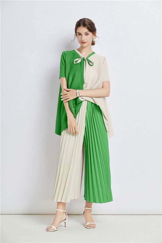 CLAUDE 2 Pieces Color Block Top & Pleated Palazzo Pants Set