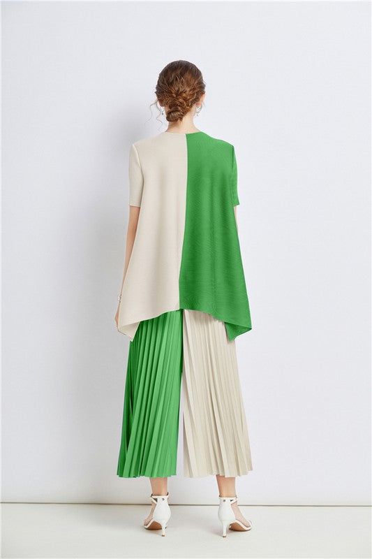 CLAUDE 2 Pieces Color Block Top & Pleated Palazzo Pants Set