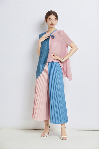 CLAUDE 2 Pieces Color Block Top & Pleated Palazzo Pants Set