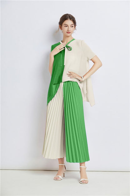 CLAUDE 2 Pieces Color Block Top & Pleated Palazzo Pants Set