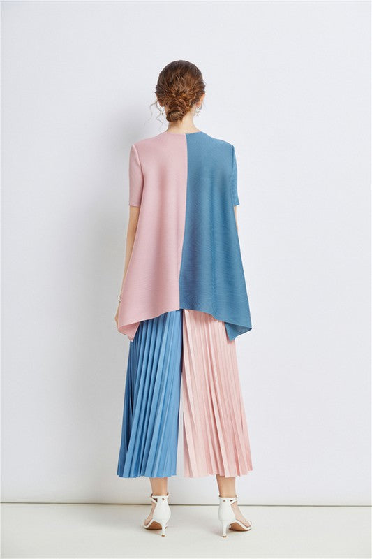 CLAUDE 2 Pieces Color Block Top & Pleated Palazzo Pants Set