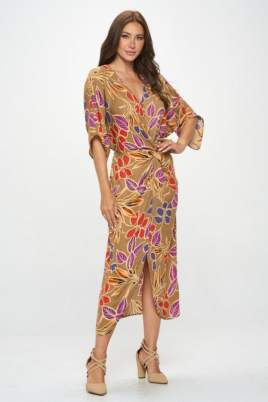 Leaf Print Kimono Dress with Front Twist