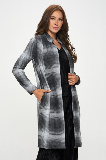 RENEE C. Plus-size Charcoal Plaid Open Front Coat with Collar