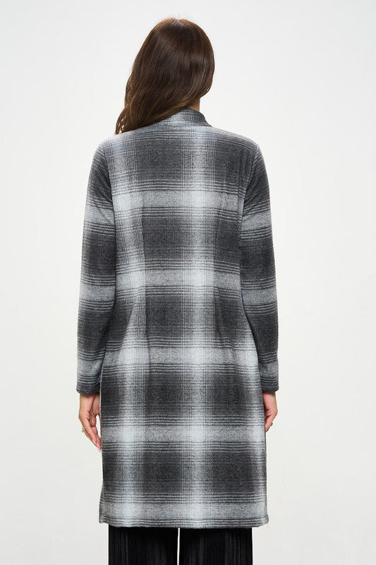 RENEE C. Plus-size Charcoal Plaid Open Front Coat with Collar