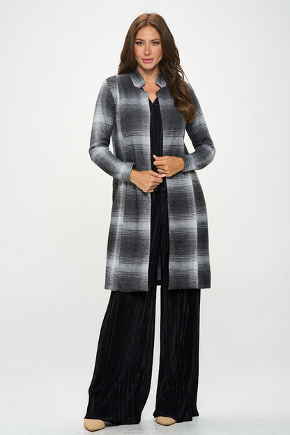 RENEE C. Plus-size Charcoal Plaid Open Front Coat with Collar