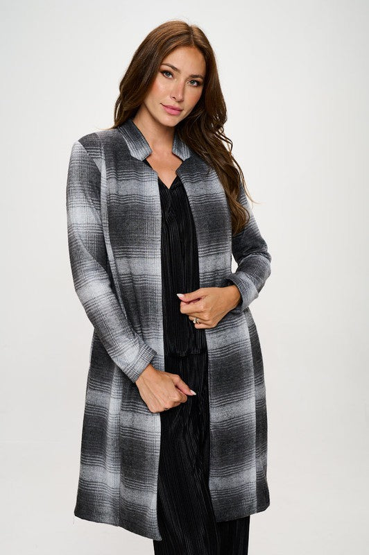 RENEE C. Plus-size Charcoal Plaid Open Front Coat with Collar