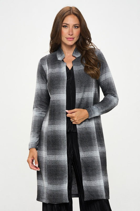 RENEE C. Charcoal Plaid Open Front Coat with Collar