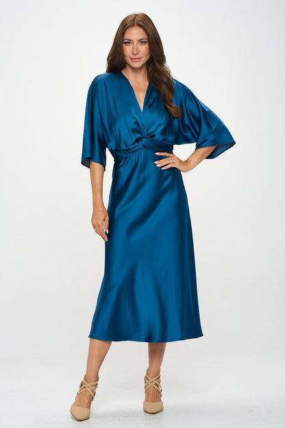 RENEE C. Teal Satin Stretch Solid Dress with Front Twist