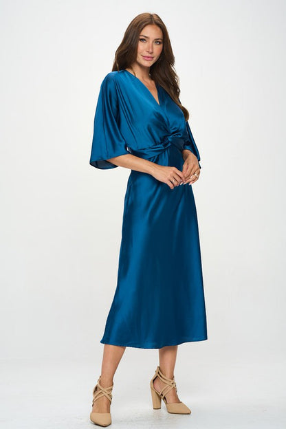 RENEE C. Teal Satin Stretch Solid Dress with Front Twist