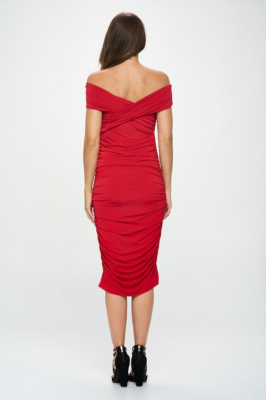 RENEE C. Red Off Shoulder Midi Bodycon Cocktail Dress