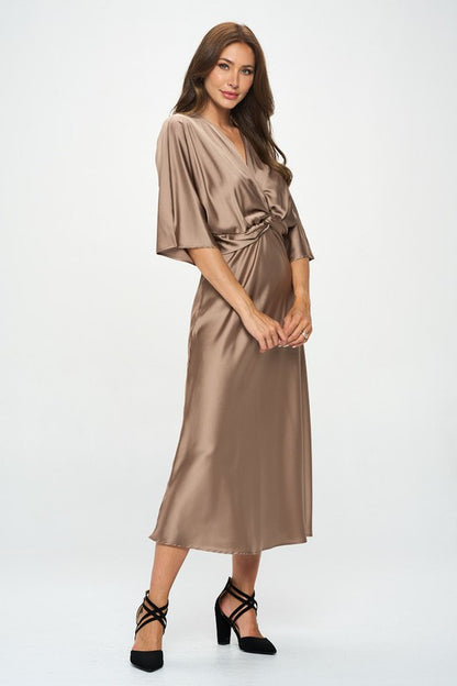 RENEE C. Dune Satin Stretch Solid Dress with Front Twist