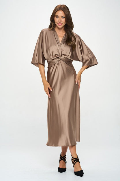 RENEE C. Dune Satin Stretch Solid Dress with Front Twist