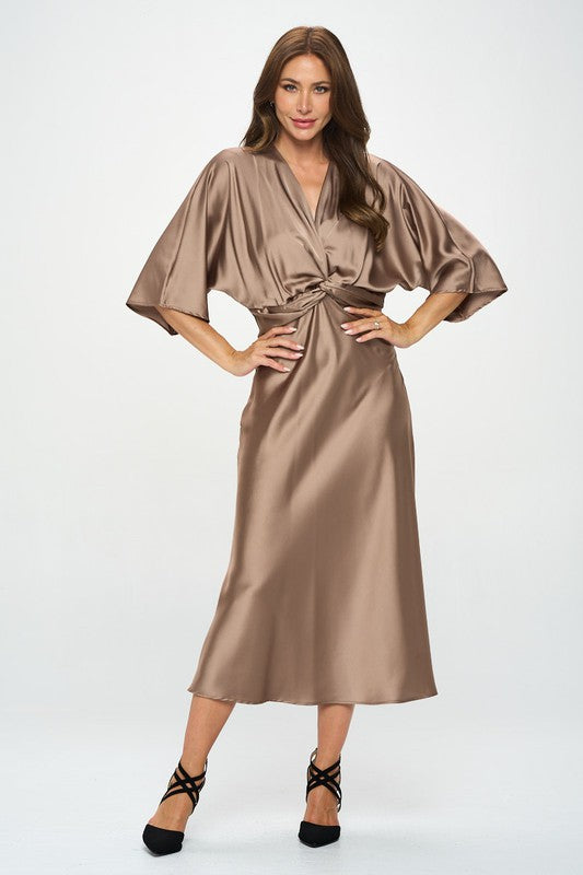 RENEE C. Dune Satin Stretch Solid Dress with Front Twist