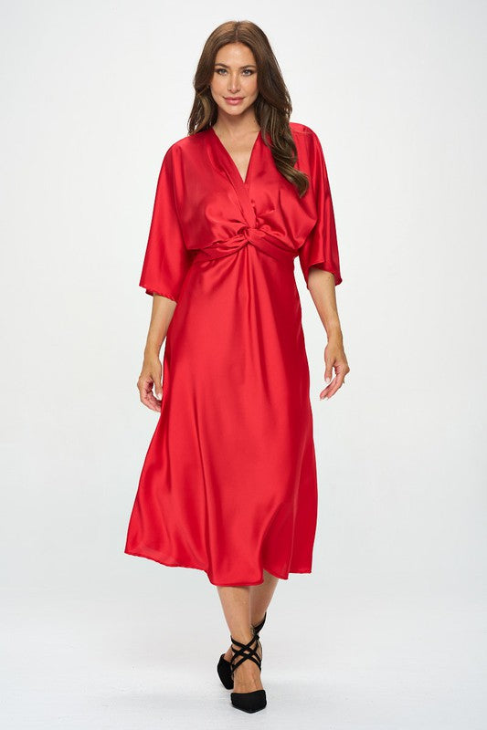 RENEE C. Red Satin Stretch Solid Dress with Front Twis