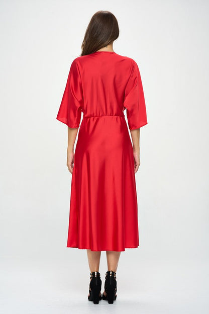 RENEE C. Red Satin Stretch Solid Dress with Front Twis