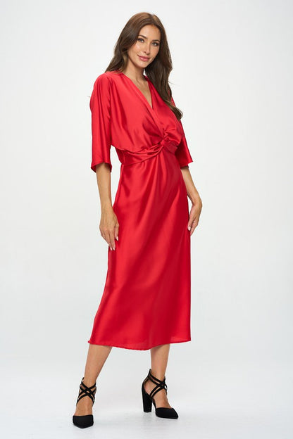 RENEE C. Red Satin Stretch Solid Dress with Front Twis