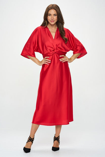 RENEE C. Red Satin Stretch Solid Dress with Front Twis